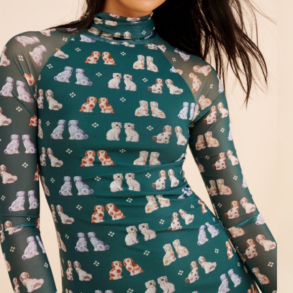 Rachel Antonoff Dog Patterned Teal Mesh Dress - Picture 3 of 5